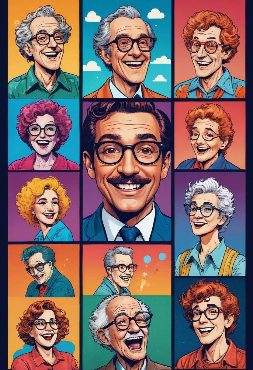 A whimsical scene depicting the evolution of storytelling, featuring a pencil sketch of a classic comedic character transforming into a vibrant pixelated version of the same character. Surrounding this transformation, include various storytelling elements like comic strips, speech bubbles, and laughter motifs, blending traditional art with digital aesthetics. The background should be dynamic, showcasing a gradient of colors that symbolize creativity and humor. retro cartoon style, vibrant colors.