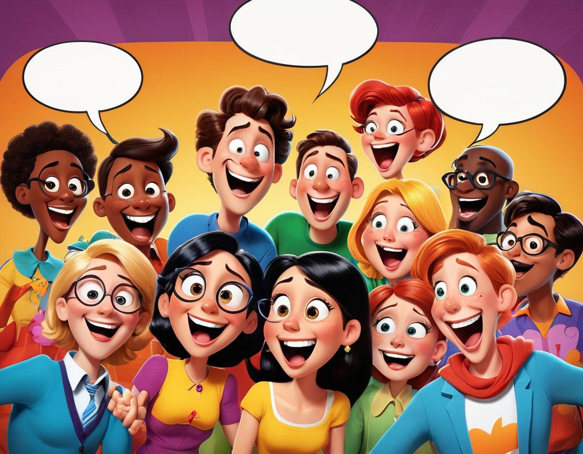 A whimsical scene showcasing a diverse group of animated characters engaged in hilarious storytelling, with oversized, exaggerated expressions of laughter. Incorporate vibrant comic book panels in the background illustrating different comedic scenarios, while colorful speech bubbles float around, filled with humorous quotes. Emphasize a joyful and playful atmosphere to convey the spirit of animated humor. bright colors. cartoon style. high detail.