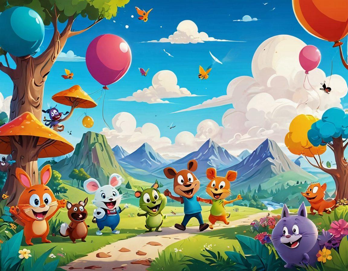A whimsical, colorful scene featuring a variety of animated characters engaging in humorous antics within a vibrant, fantastical landscape. Include exaggerated facial expressions, slapstick moments, and playful interactions that convey joy and laughter. Elements like oversized props and cartoonish backgrounds should enhance the comedic atmosphere. The style should be a blend of cartoonish charm and vivid colors, evoking a sense of fun and lightheartedness. cartoon style. bright colors. playful background.